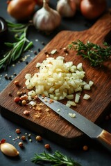 Wall Mural - Chopped onions with herbs and spices on wooden cutting board