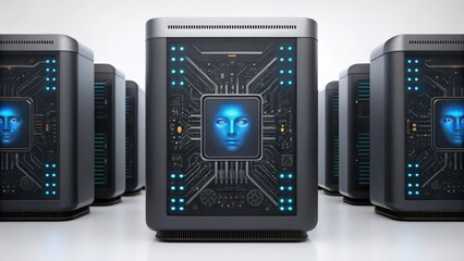 Poster - AI server farm with glowing faces on each server. Futuristic technology concept