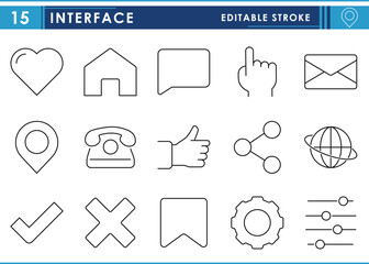 Fototapete - A set of line icons related to Interface. Home, web, touch, mail, address, like, comment, share, settings, and so on. Vector editable stroke.