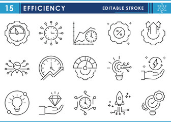 Poster - A set of line icons related to efficiency. Time, quality, ability, machine, work capacity, innovative, business, growth, and so on. Vector editable stroke.