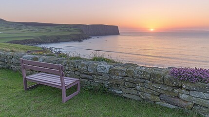 Canvas Print - Coastal sunset bench view; peaceful ocean scene, ideal for relaxation and travel brochures