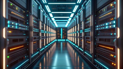 Poster - A long hallway lined with rows of servers. Blue and orange lights illuminate the sleek, metallic surfaces. This futuristic design creates a visually stunning image of the data center.