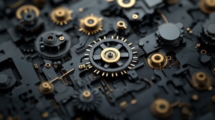 Poster - Intricate Black and Gold Mechanical Gears Arrangement Close-Up