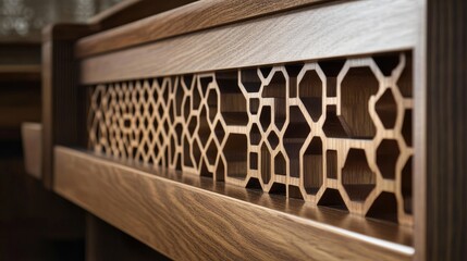 Poster - A beautiful blend of tradition and modernity, featuring geometric patterns and designs in wooden pews, creating harmony between classic craftsmanship and modern aesthetics.