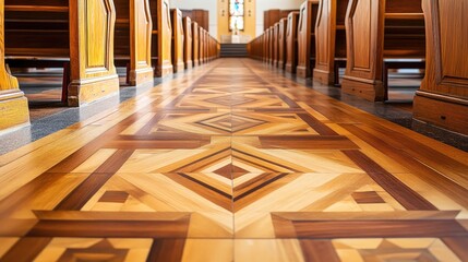 Poster - A beautiful blend of tradition and modernity, featuring geometric patterns and designs in wooden pews, creating harmony between classic craftsmanship and modern aesthetics.