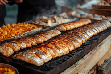 Wall Mural - Chef grilling delicious fish fillets on a hot grill at food market