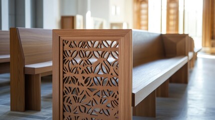 Poster - A captivating design reflecting intricate geometric patterns found in handcrafted wooden pews, blending traditional craftsmanship with modern aesthetics in a harmonious display.
