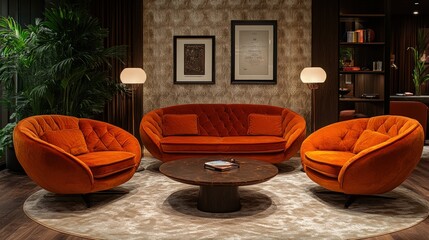 Canvas Print - Mid-century modern living room; orange velvet furniture.