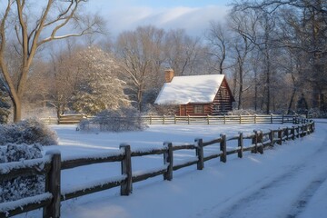 Wall Mural - Charming log cabin covered in snow in a winter wonderland