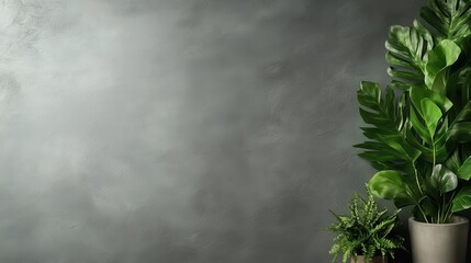 Poster - This artistic image showcases lovely green plants beside a textured gray wall, creating a modern and sophisticated aesthetic complemented by natural elements.