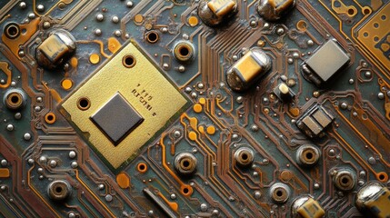 Poster - A close-up view of a gold microchip, intricately placed on a circuit board, emphasizing detailed electronic connections and high-tech components.