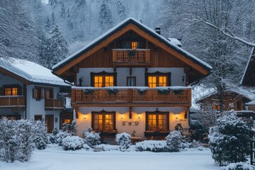 Wall Mural - Cozy wooden chalet glowing in the snow covered forest at dusk