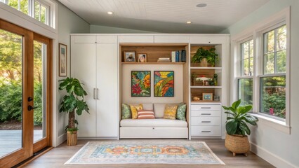 Aufkleber - A bright airy room with a Murphy bed tucked away revealing a stylish living area with vibrant artwork and plants communicating the rooms versatility and functionality.