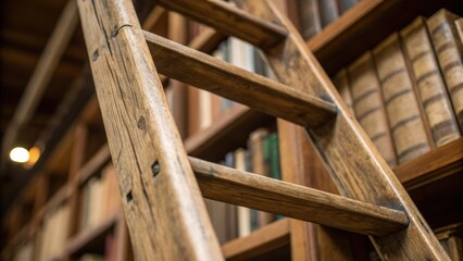Poster - A closeup capture of the ladders wooden rungs showcasing the worn wellloved surface and the subtle grain patterns suggesting years of enjoyment in the library.