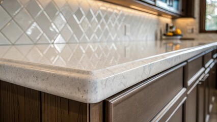 Aufkleber - A closeup captures the intricate details of a handfinished waterfall edge highlighting the smooth transition from the countertop to the base accented by an elegant backsplash.