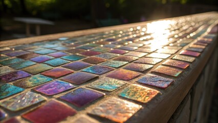 Aufkleber - A closeup capturing the rich detail of a single mosaic tile with a shimmering glass surface showcasing the play of light and color.