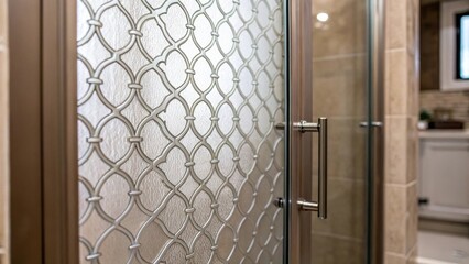 Aufkleber - A closeup detailing the patterned surface of a frosted shower door highlighting its ability to create a stylish barrier while maintaining a sense of openness in the bathroom.