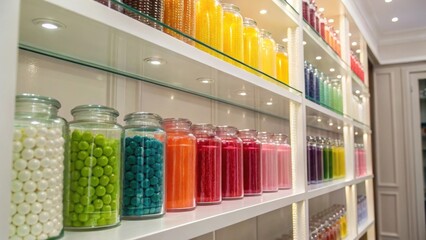 Aufkleber - A closeup featuring the smooth edges of translucent glass shelves within a cabinet displaying a myriad of vibrant es in matching glass jars.