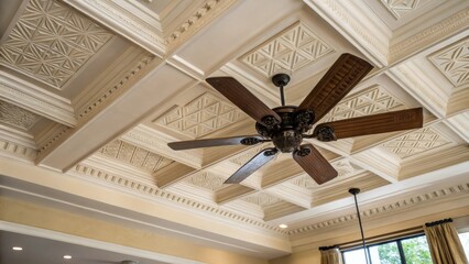 Poster - A closeup focuses on the integration of the fan within a coffered ceiling design where the hidden blades complement the architectural details seamlessly contributing to a cohesive