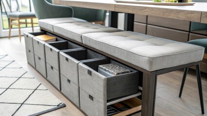 Aufkleber - A closeup focusing on a modular storage solution beneath a modern dining bench featuring interlocking cubes that can be rearranged to customize storage space.