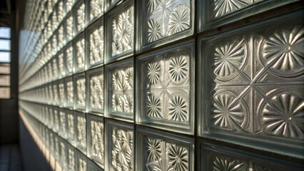 Poster - A closeup highlighting the playful patterns created by light through a series of glass blocks with a focus on the unique shapes cast on the opposite wall.