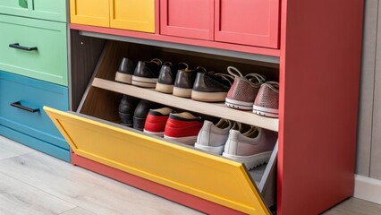 Poster - A closeup image capturing a builtin shoe rack with a combination of open and closed storage featuring a striking color palette that elevates the space.