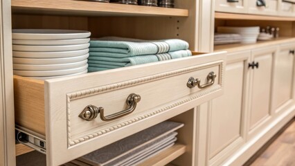 Aufkleber - A closeup highlighting the intricate details of a pullout shelfs hardware emphasizing craftsmanship and durability with a backdrop of neatly stacked pantry items in soft tones.