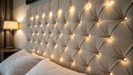 Poster - A closeup image of a fabriccovered headboard the LED lights illuminating its texture creating a calming and inviting atmosphere.