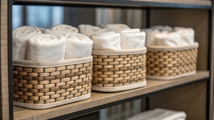 Fototapete - A closeup image of a set of decorative wallmounted baskets arranged on a shelf displaying towels and ries highlighting functional organization.