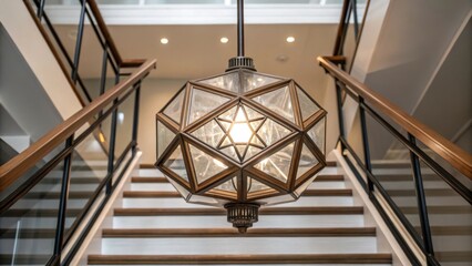 Aufkleber - A closeup image of a stylish energyefficient stairwell light fixture with a unique geometric design reflecting the surrounding decor style.