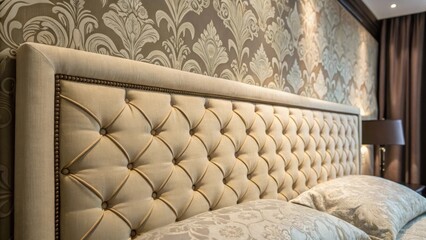 Poster - A closeup of a beautifully upholstered headboard merging seamlessly with a fabriccovered wall emphasizing color harmony and luxurious textures.