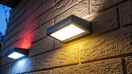 Poster - A closeup of a bright LED light illuminating a textured wall showcasing the color contrast and the crisp edges of the fixtures against the backdrop.