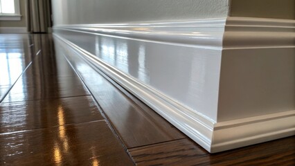 Poster - A closeup of a baseboard painted in a highgloss finish capturing the light reflecting off the surface and enhancing its streamlined appearance.