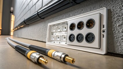 Aufkleber - A closeup of a cable entry kit lying next to a wall featuring various grommets and fittings designed for discreet wire routing.
