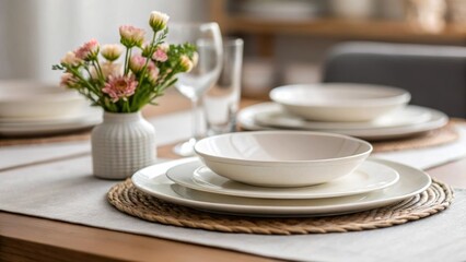 Poster - A closeup of a carefully arranged dining table set with simple dishware and a small vase of flowers merging functionality with understated elegance.
