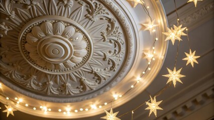 Fototapete - A closeup of a ceiling medallion surrounded by a halo of soft star lights blending classical design elements with a modern celestial theme.