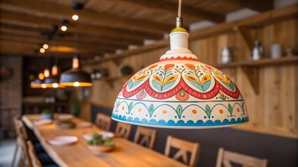 Poster - A closeup of a colorful ceramic pendant light featuring handpainted patterns that create a playful ambiance in a rustic dining area.