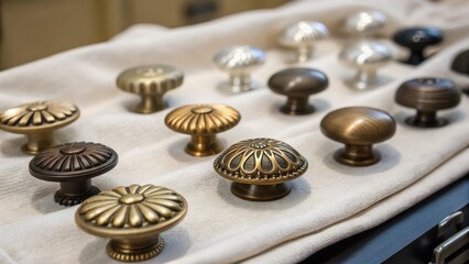Fototapete - A closeup of a collection of decorative drawer pulls laid out on a soft cloth showcasing various styles and finishes ready for installation.