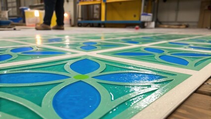 Leinwandbilder - A closeup of a custom design template laid out on the floor with bright hues of blue and green resin being carefully applied around it to create a unique pattern.