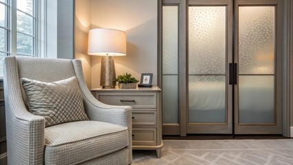 Poster - A closeup of a cozy corner in a master suite featuring a textured armchair next to a stylish nightstand with the contemporary walkin closet visible through frosted glass doors.