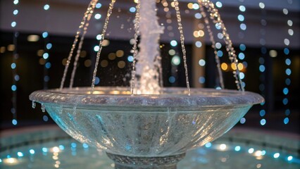 Aufkleber - A closeup of a crystalclear bowl fountain where small jets shoot water upwards against a backdrop of soft glowing LED lights creating a playful yet soothing ambiance.