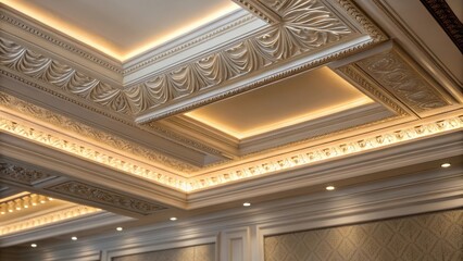 Poster - A closeup of a decorative crown molding on a coffered ceiling where subtle LED backlighting emphasizes the craftsmanship and brings a touch of luxury.