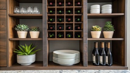 Aufkleber - A closeup of a corner of a dining room where a wine rack is constructed into a shelving unit featuring decorative succulents and artisanal serving dishes alongside neatly arranged
