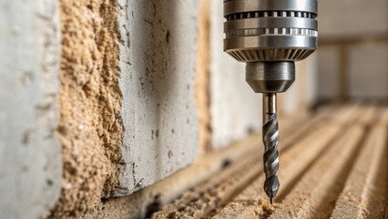 Fototapete - A closeup of a drill bit poised against a wall about to make contact with a focus on the intricate details of the bit and the texture of the surrounding wall surface.