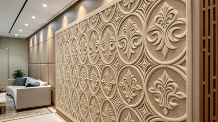 Aufkleber - A closeup of a decorative wall art piece that doubles as an acoustic panel blending aesthetics with functionality while absorbing sound waves in the renovated space.