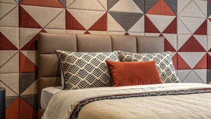 Aufkleber - A closeup of a fabric wall featuring bold geometric patterns with a stylish bedspread matching its tones creating a contemporary and chic ambiance.
