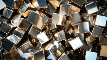 Poster - A collection of shiny metallic cubes and cylinders arranged intricately, reflecting light and creating striking contrasts in a modern, abstract visual composition.