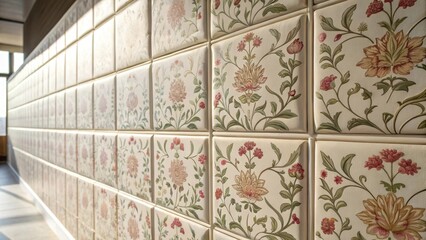 Aufkleber - A closeup of a finished section of wall adorned with floralpatterned magnetic panels with natural light casting soft shadows that enhance the patterns.