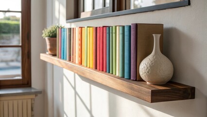 Poster - A closeup of a floatmounted bookshelf in a hallway with an array of colorful spines and a delicate ceramic vase on display captured in natural light from a nearby window.