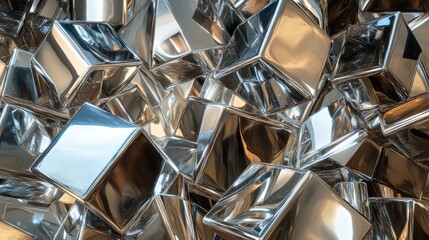 Poster - A collection of shiny metallic cubes and cylinders arranged intricately, reflecting light and creating striking contrasts in a modern, abstract visual composition.